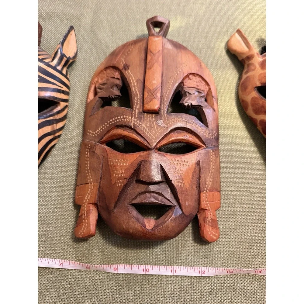 hand carved wooden African Masks Plus Statue Lot Of 4 Pieces Animal And Head